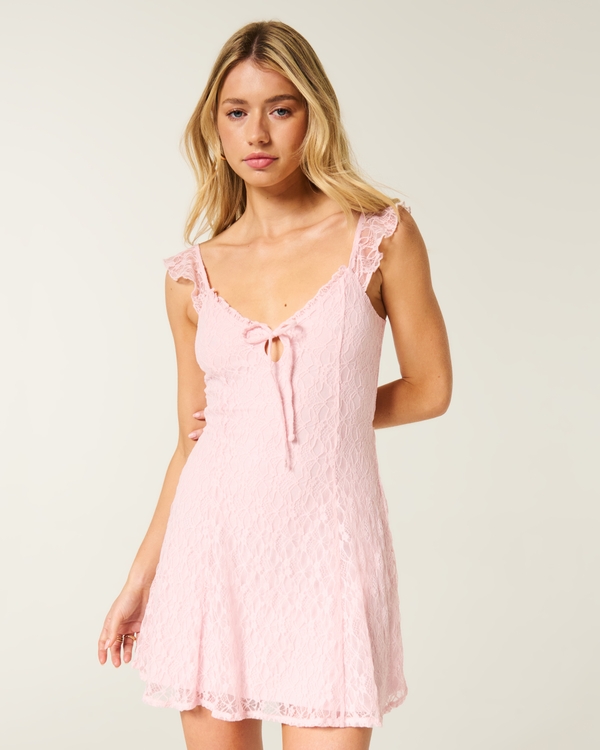 All-Over Lace Mini Dress, Light Pink view 1