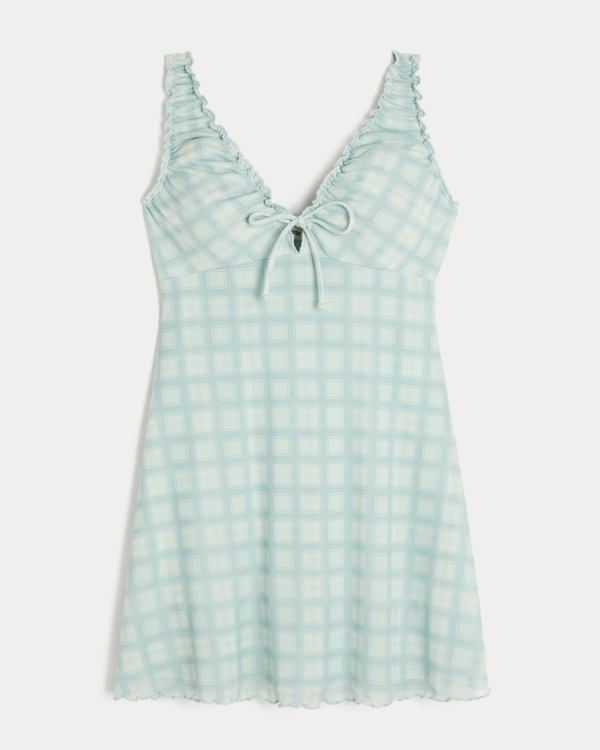 Mesh Knit Mini Dress, Light Blue Check view 1