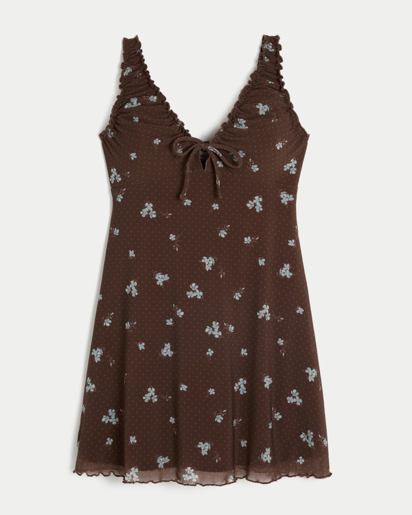 Mesh Knit Mini Dress, Brown Floral view 1