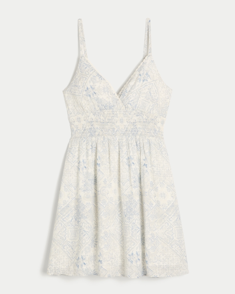 Women's Smocked Waist Mini Dress in White Print Size XL TALL from Hollister