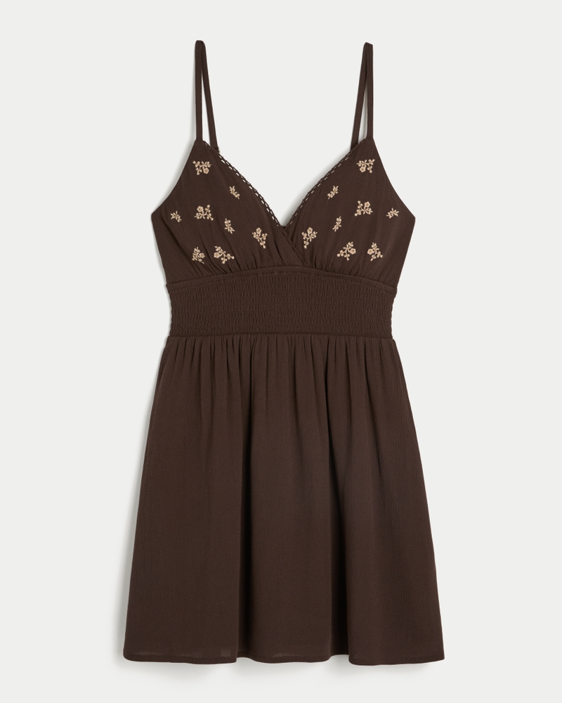 Women's Smocked Waist Embroidered Mini Dress in Brown Size XL from Hollister