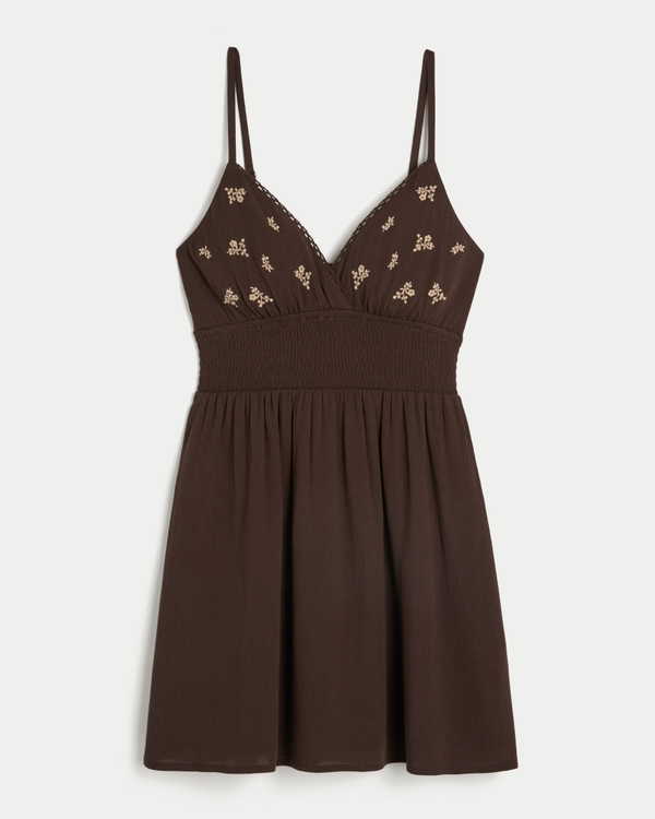 Smocked Waist Embroidered Mini Dress, Brown view 1