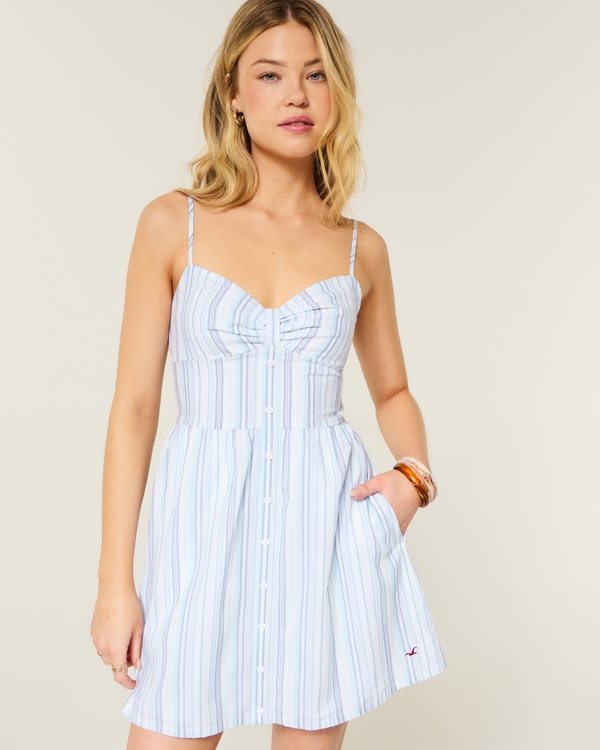 Button Front Woven Mini Dress, Light Blue Stripe view 1