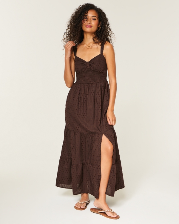 Cinch Front Smocked Waist Maxi Dress, Brown view 1