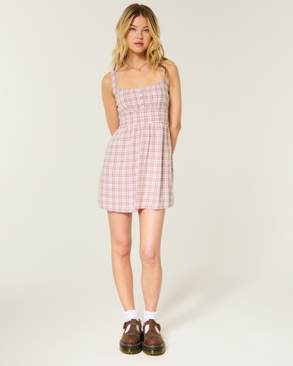 Scoop Babydoll Mini Dress, Light Brown Plaid view 2