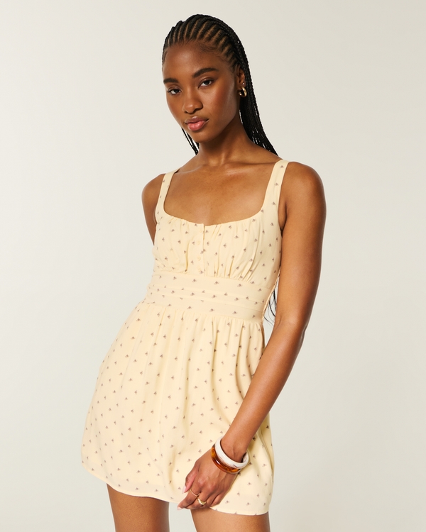 Scoop Babydoll Mini Dress, Butter Yellow Floral view 1