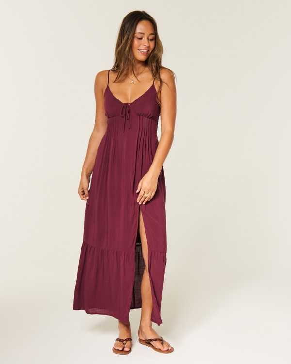 Pintuck Maxi Dress, Burgundy view 1