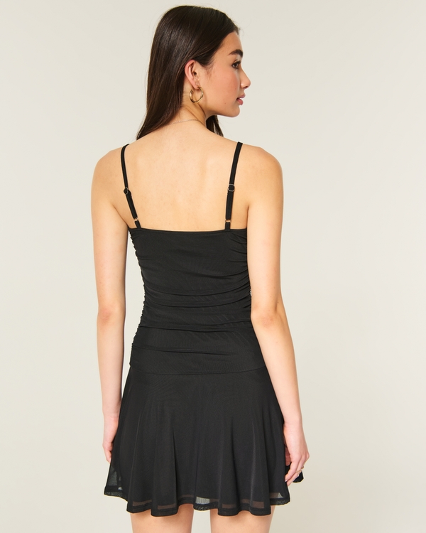 Ruched Mesh Tie Waist Dress, Black view 2