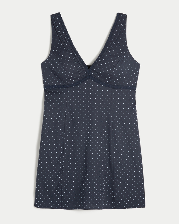 Lace Trim Mini A-Line Dress, Navy Dot view 1