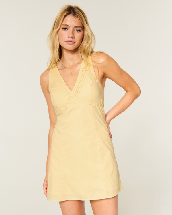 Lace Trim Mini A-Line Dress, Yellow view 1