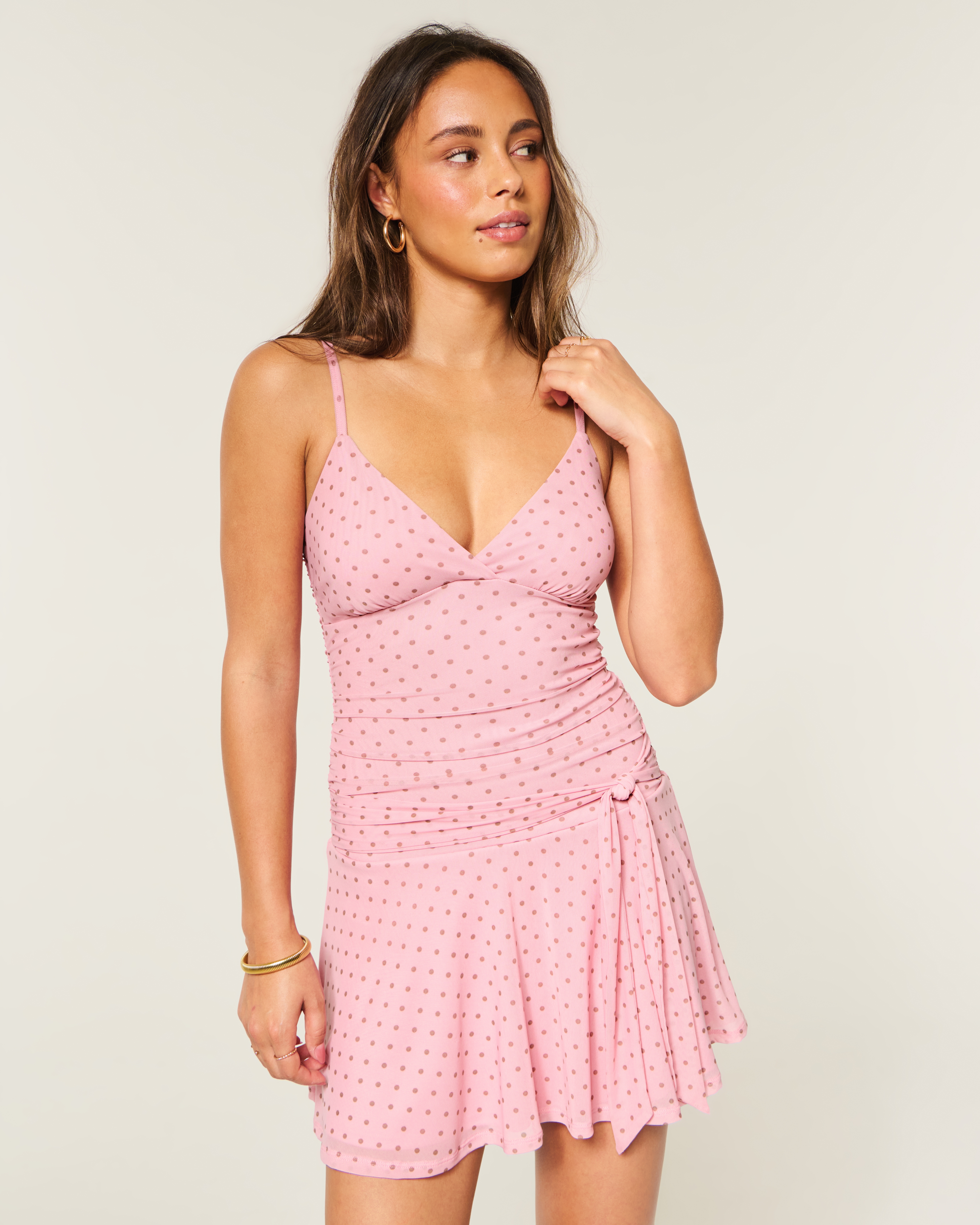 Ruched Mesh Tie Waist Dress
