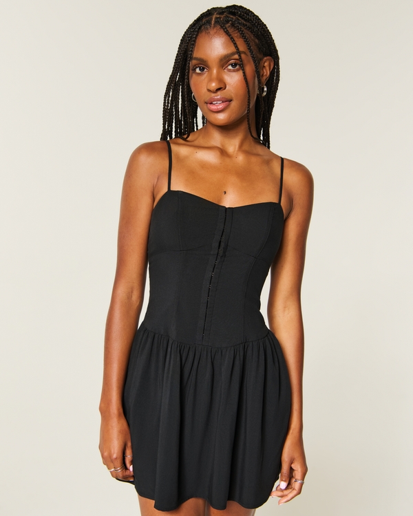 Corset Hook and Eye Mini Dress, Black view 1
