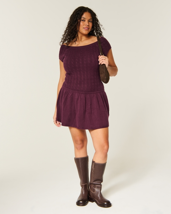 Short-Sleeve Sweater Mini Dress, Plum view 2