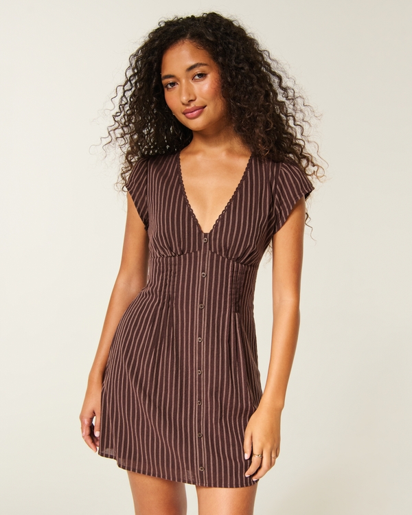 Button Mini Dress, Brown Stripe view 1