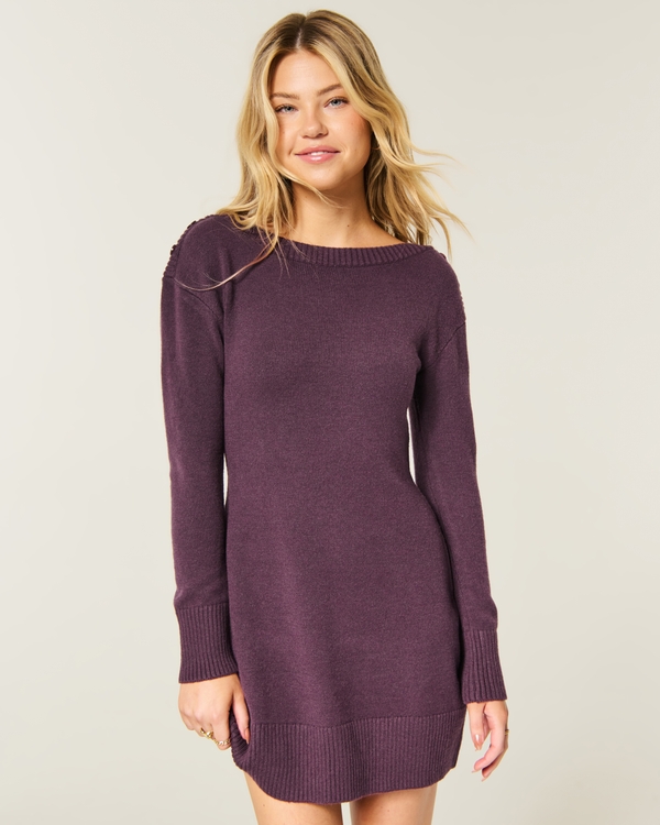 Long-Sleeve Sweater Mini Dress, Deep Purple view 1