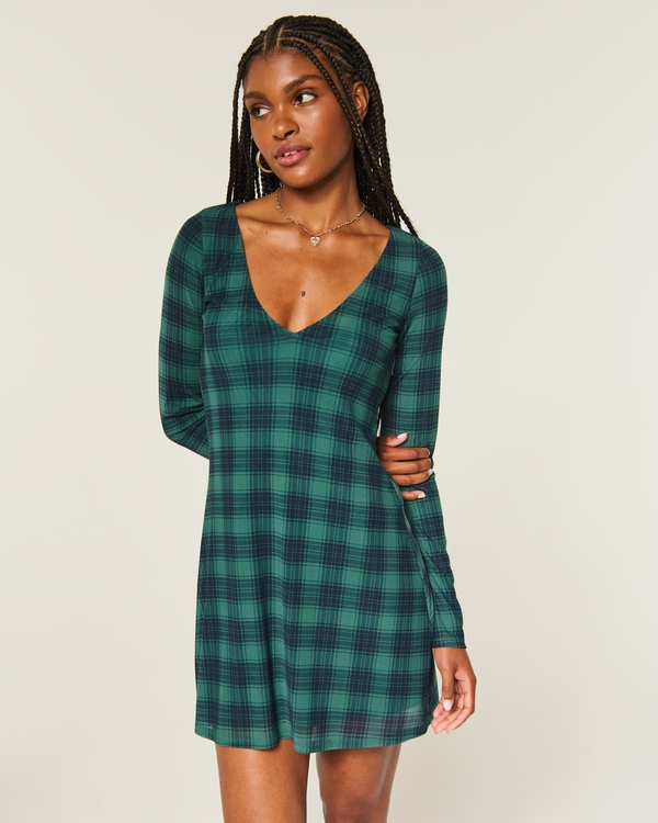 Long-Sleeve Mesh Mini Dress, Dark Green Plaid view 1