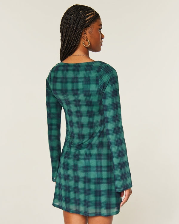 Long-Sleeve Mesh Mini Dress, Dark Green Plaid view 2