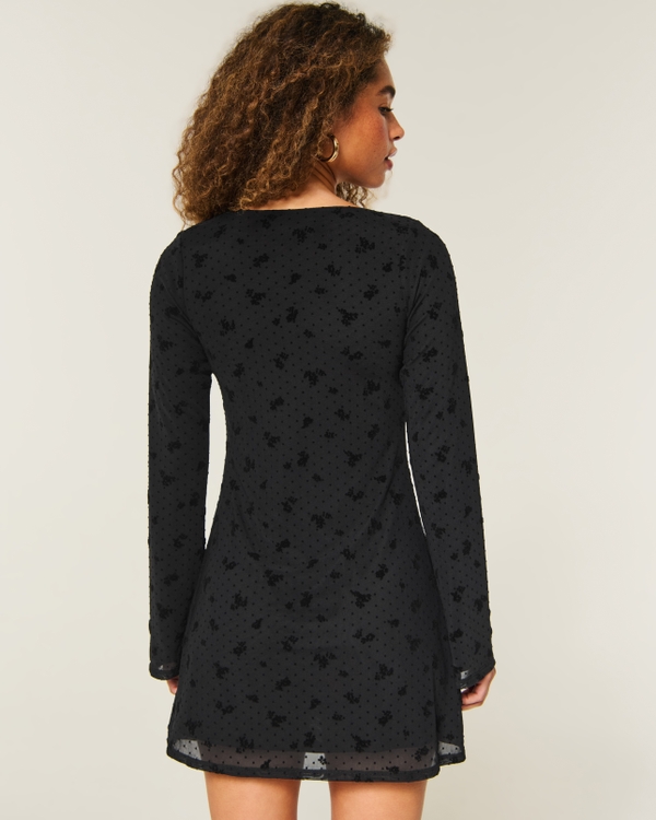 Long-Sleeve Mesh Mini Dress, Black Floral view 2