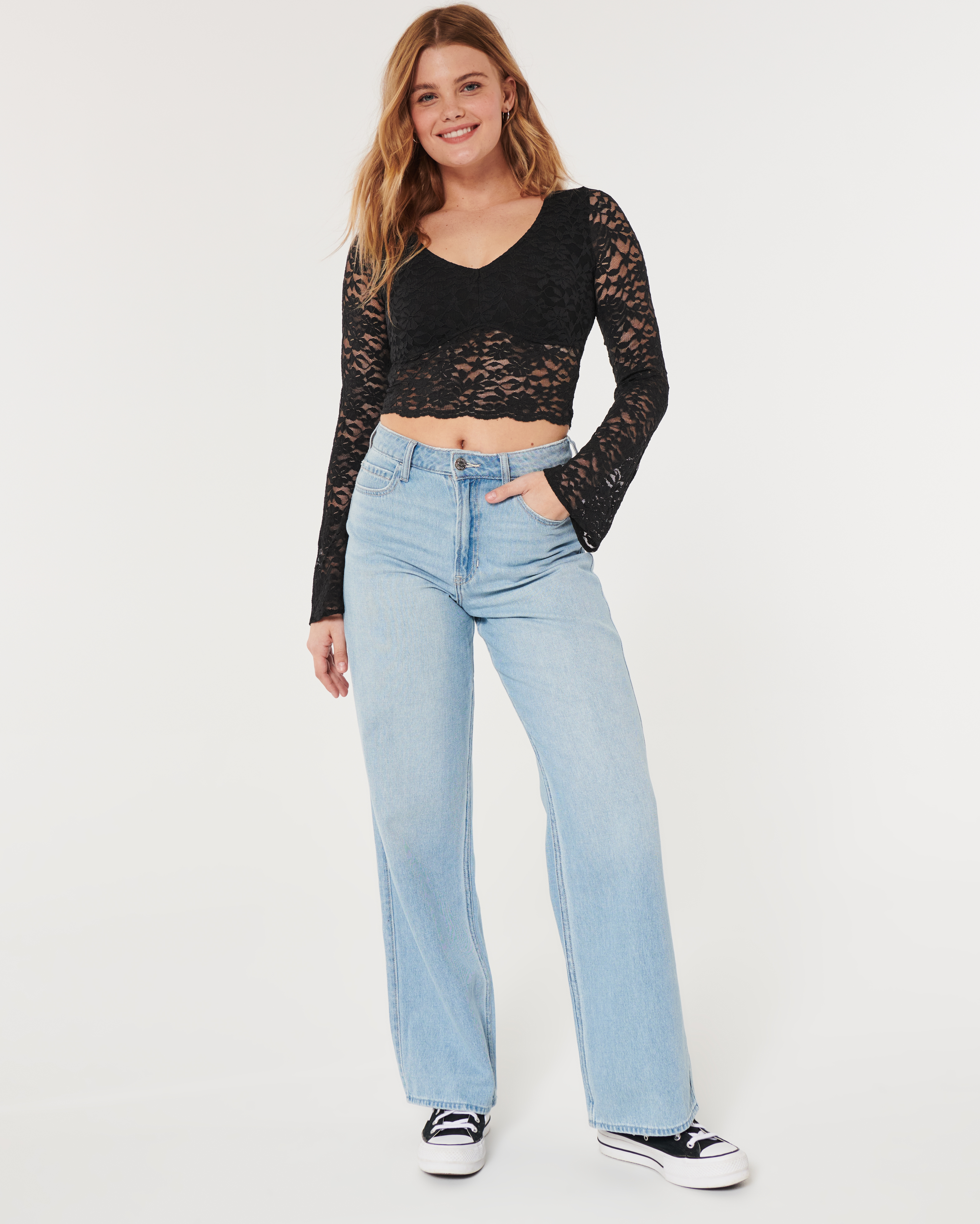 Social Tourist All-Over Lace Bell Sleeve Top