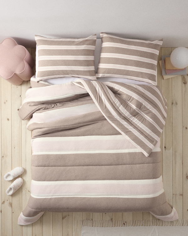 Hollister x Target Reversible Jersey Puff Comforter Set, Pink Brown Stripe view 1