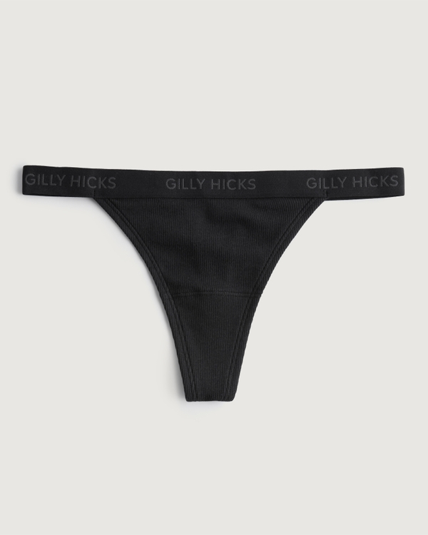 Gilly Hicks Ribbed Cotton Blend Thong Underwear, Black