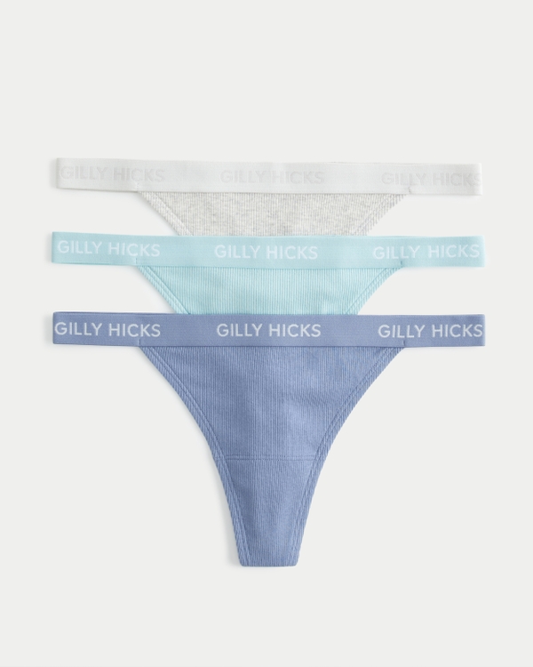 Gilly Hicks Ribbed Cotton Blend Thong Underwear 3-Pack, Blue Multipack