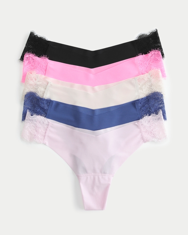 Gilly Hicks Lace-Side No-Show Thong Underwear 5-Pack, Black-pink-cream-blue-light Pink