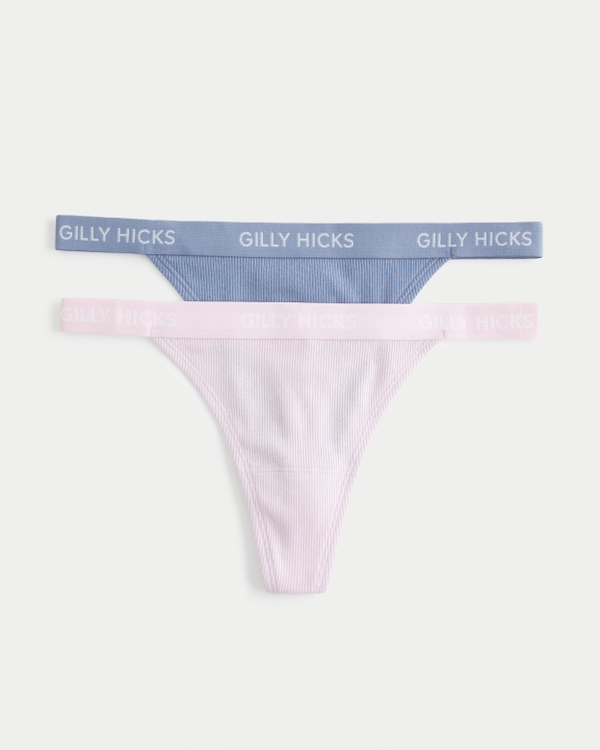 Gilly Hicks Ribbed Cotton Blend Thong Underwear 2-Pack, Blue-pink
