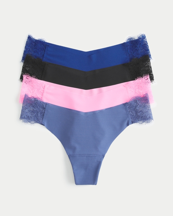 Gilly Hicks Lace-Side No-Show Thong Underwear 4-Pack, Cobalt Blue-black-pink-blue