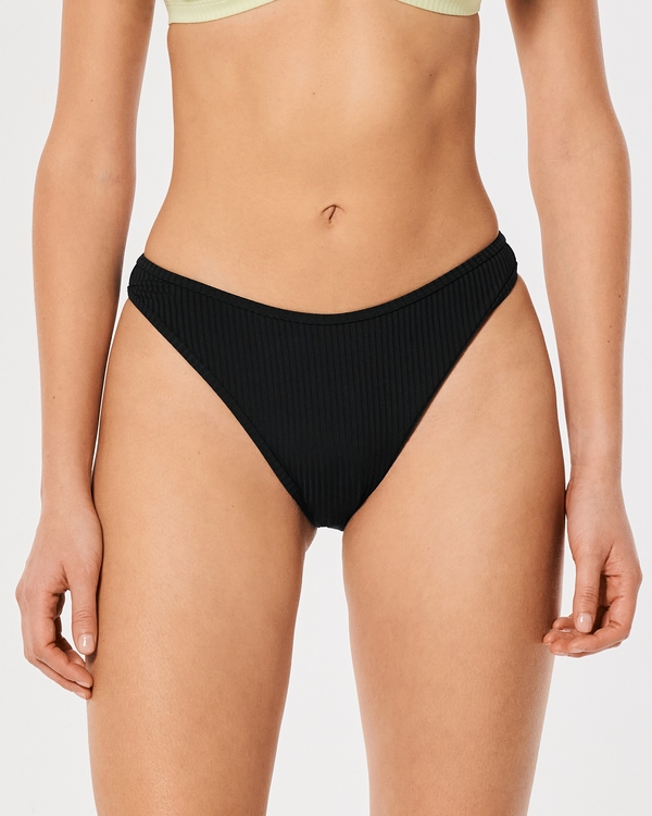 Gilly Hicks High-Leg Ribbed Cheeky Bikini Bottom, Black