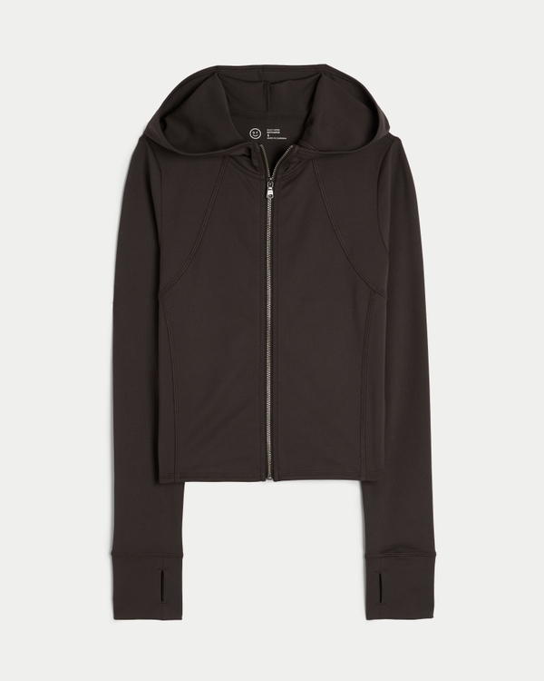 Gilly Hicks Active Recharge Hooded Crop Zip-Up Top, Espresso view 1