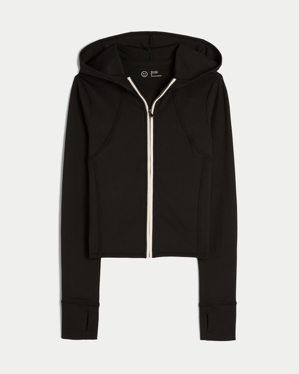 Gilly Hicks Active Recharge Hooded Crop Zip-Up Top, Black Stripe view 1