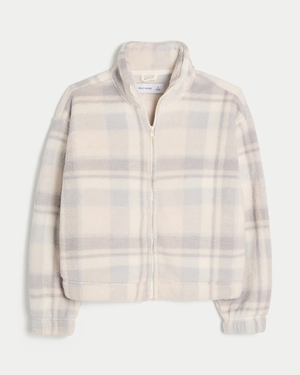 Gilly Hicks Sherpa Zip-Up Sweatshirt, Light Blue Plaid view 1