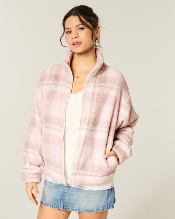 Gilly Hicks Sherpa Zip-Up Sweatshirt, Light Lilac Plaid view 1