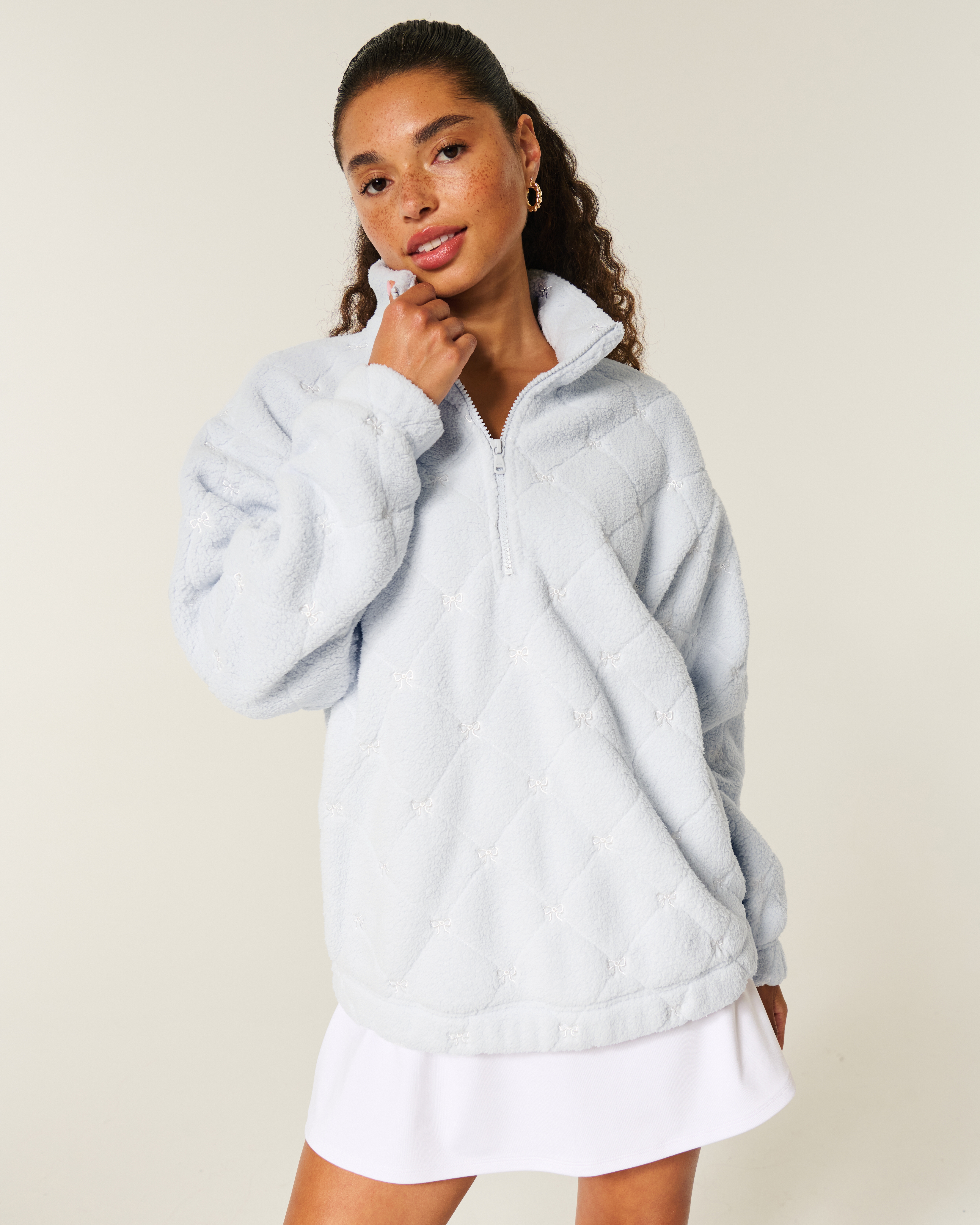 Gilly Hicks Bow Embroidery Sherpa Quarter-Zip Sweatshirt