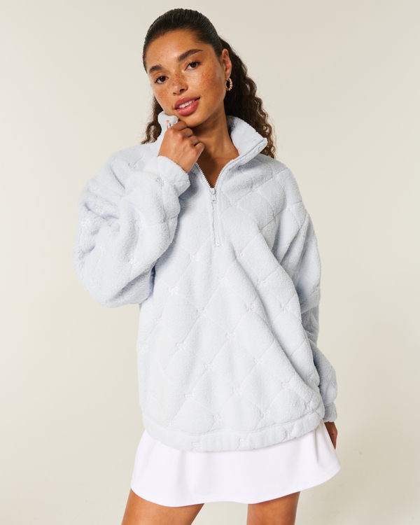 Gilly Hicks Bow Embroidery Sherpa Quarter-Zip Sweatshirt, Light Blue Pattern view 1