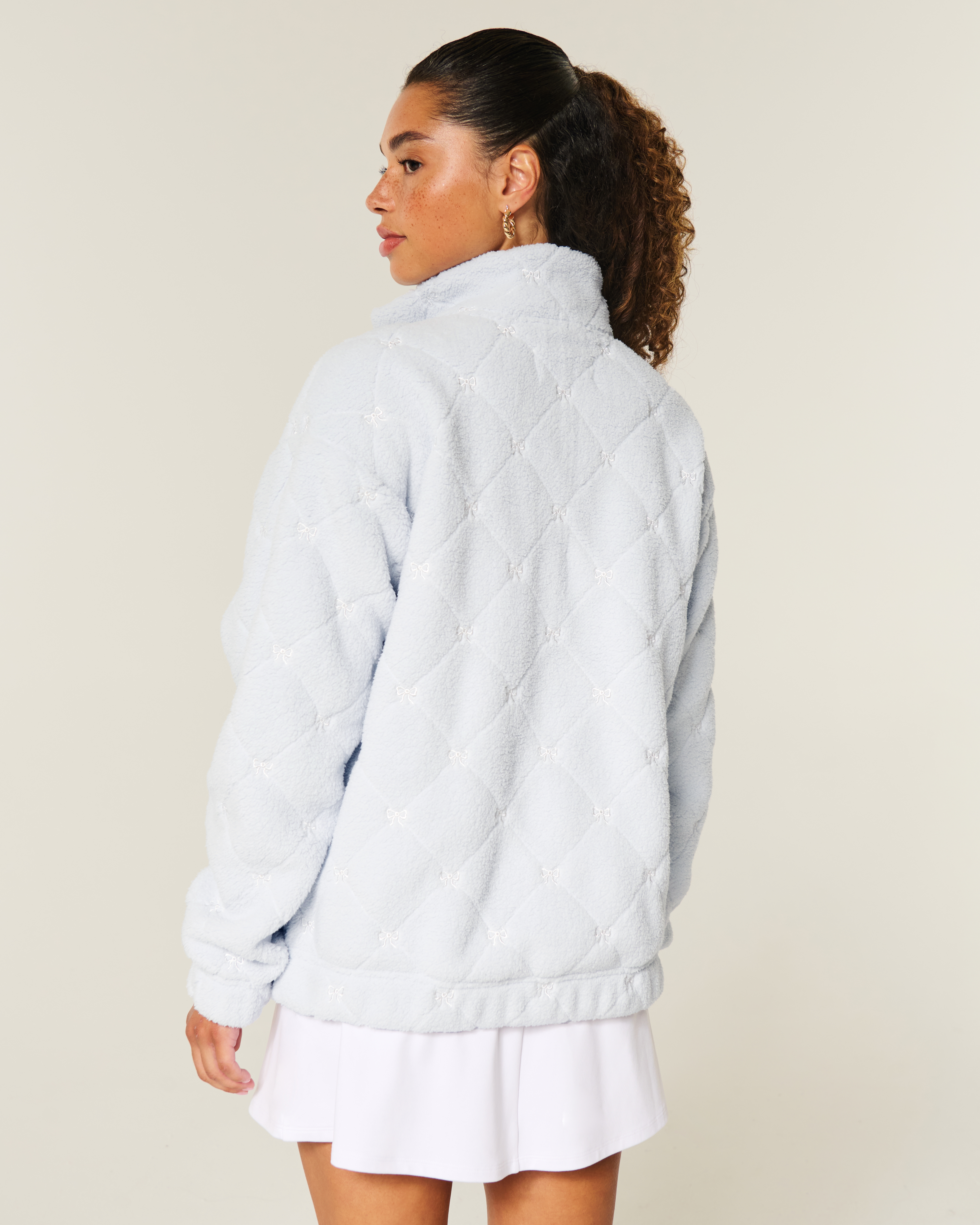 Gilly Hicks Bow Embroidery Sherpa Quarter-Zip Sweatshirt