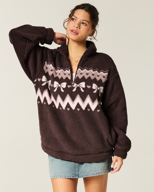 Gilly Hicks Sherpa Quarter-Zip Sweatshirt, Espresso view 1