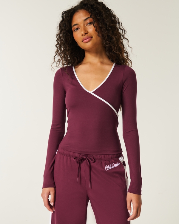 Gilly Hicks Active Tipped Wrap Top, Maroon view 1