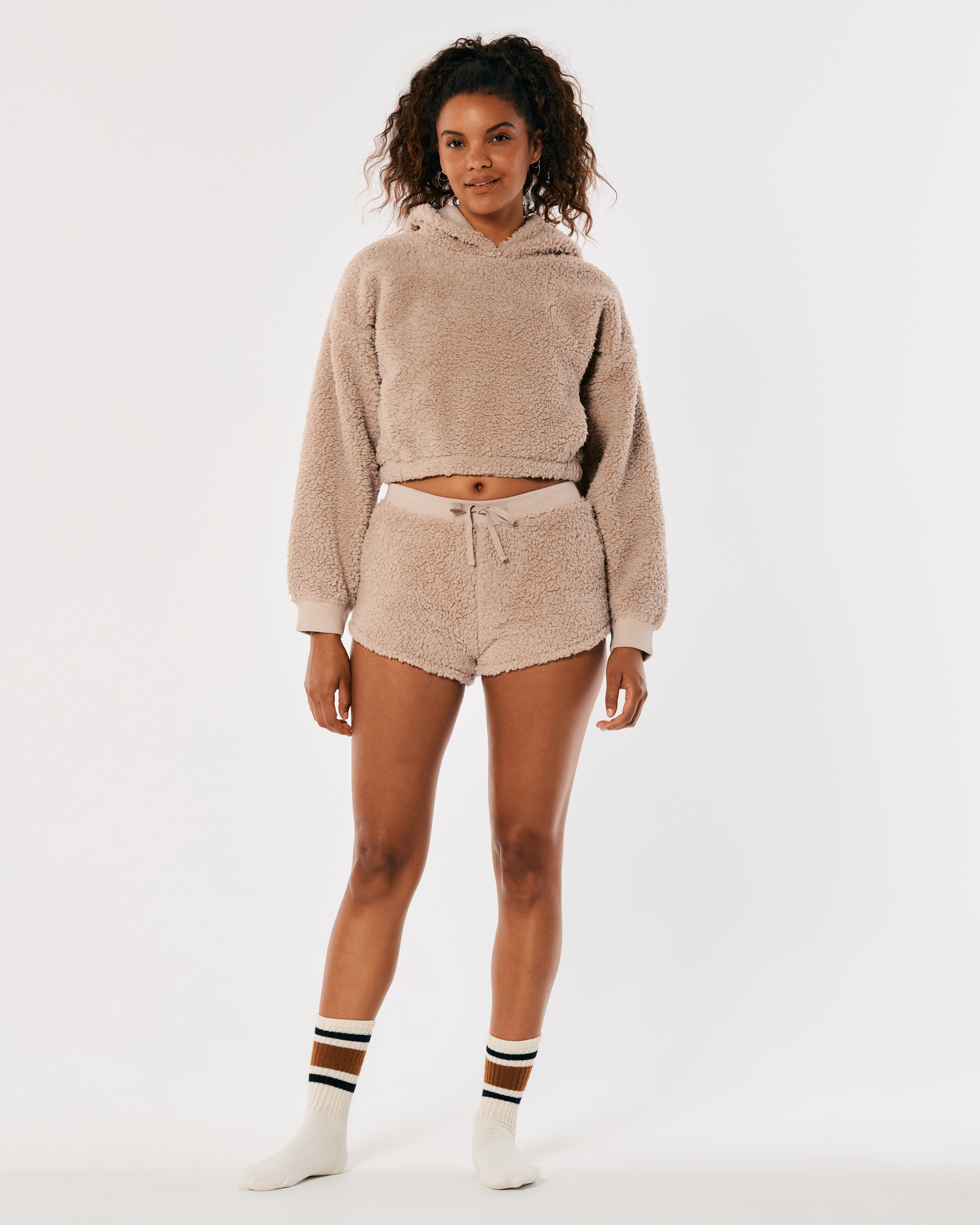 Gilly Hicks fleece crop hoodie and shorts set in beige