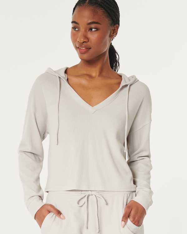 Gilly Hicks Waffle V-Neck Hoodie, Stone