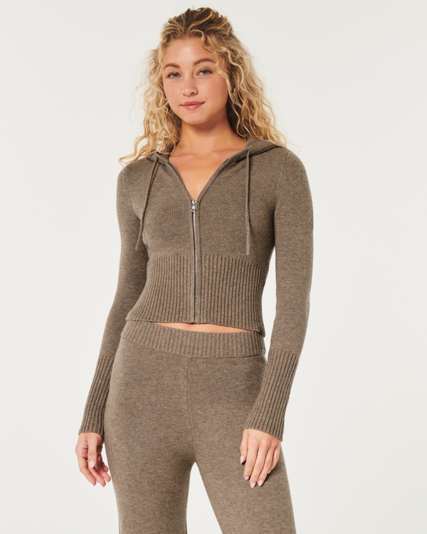 Gilly Hicks Sweater-Knit Zip-Up Hoodie, Light Brown