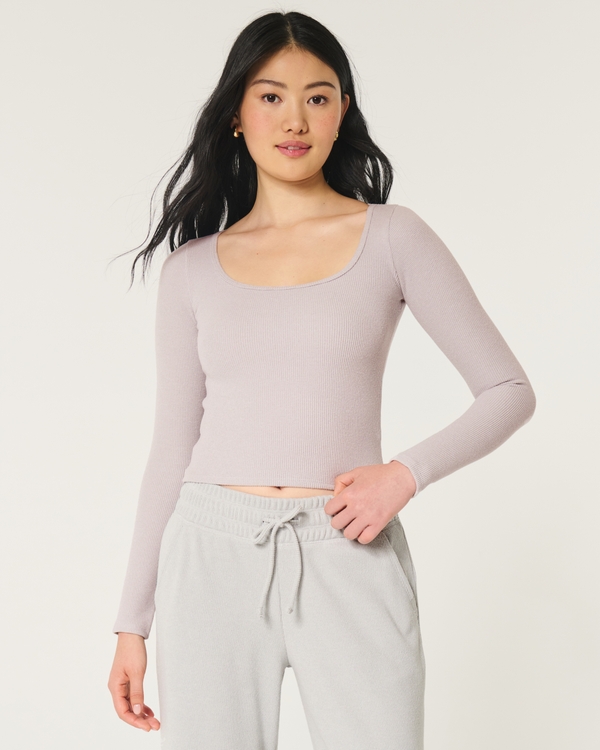 Gilly Hicks Waffle Wide-Neck Top, Light Heather Grey