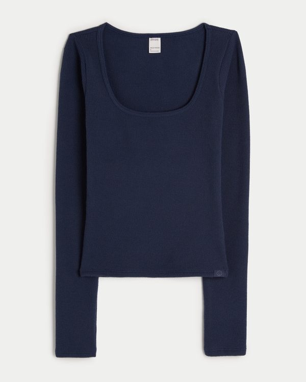 Gilly Hicks Waffle Wide-Neck Top, Navy Blue