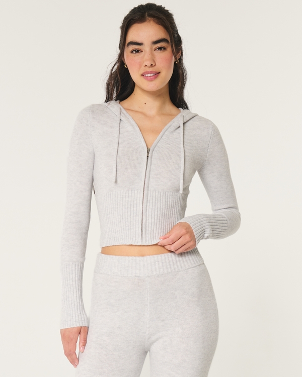 Gilly Hicks Sweater-Knit Zip-Up Hoodie, Light Heather Grey
