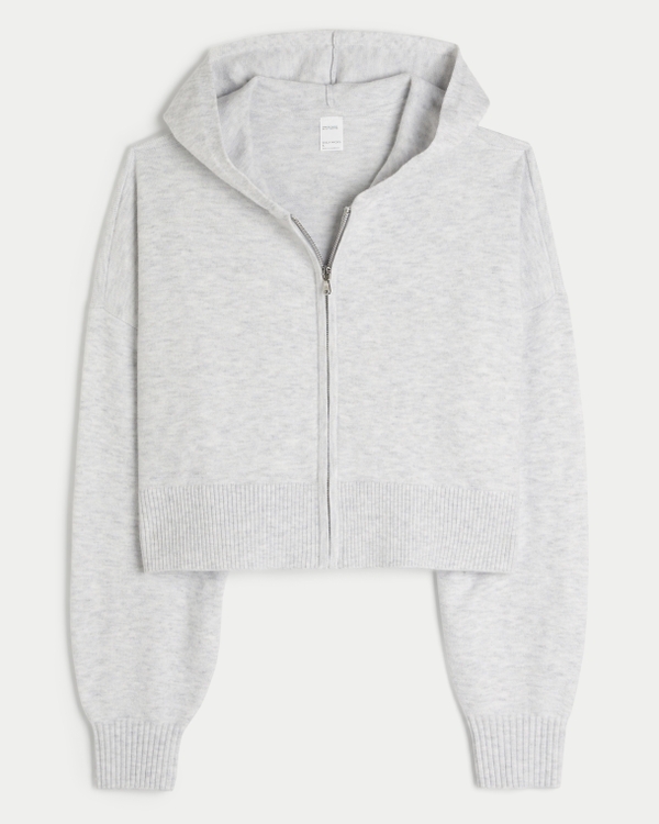 Gilly Hicks Relaxed Sweater-Knit Zip-Up Hoodie, Light Grey Heather