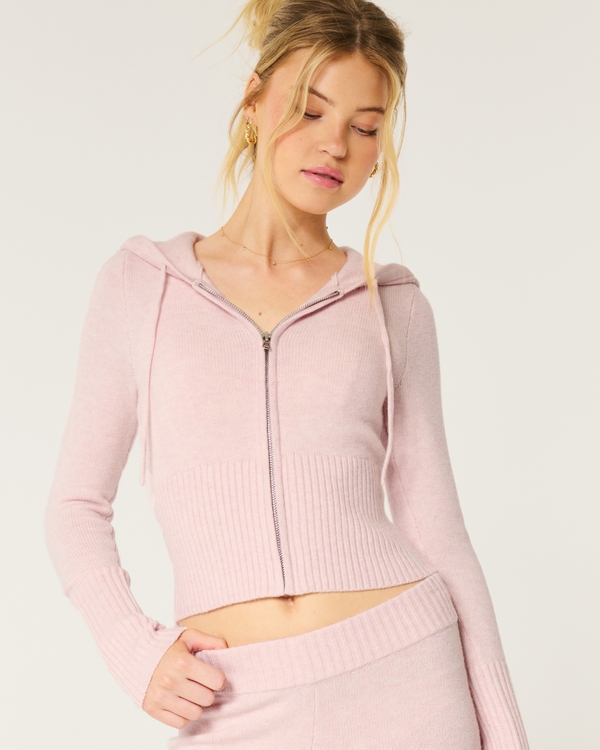 Gilly Hicks Sweater-Knit Zip-Up Hoodie, Light Pink Heather