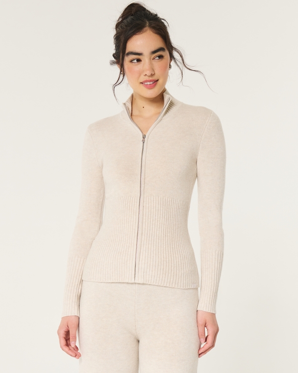 Gilly Hicks Sweater-Knit Full-Zip Top, Light Heather Oatmeal