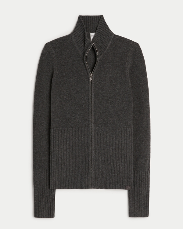 Gilly Hicks Sweater-Knit Full-Zip Top, Charcoal Heather Grey