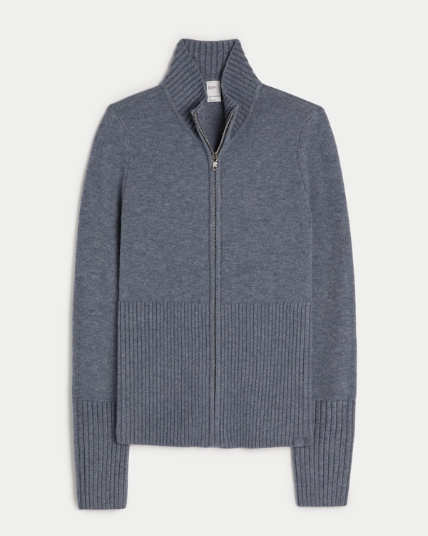 Gilly Hicks Sweater-Knit Full-Zip Top, Heather Blue Grey